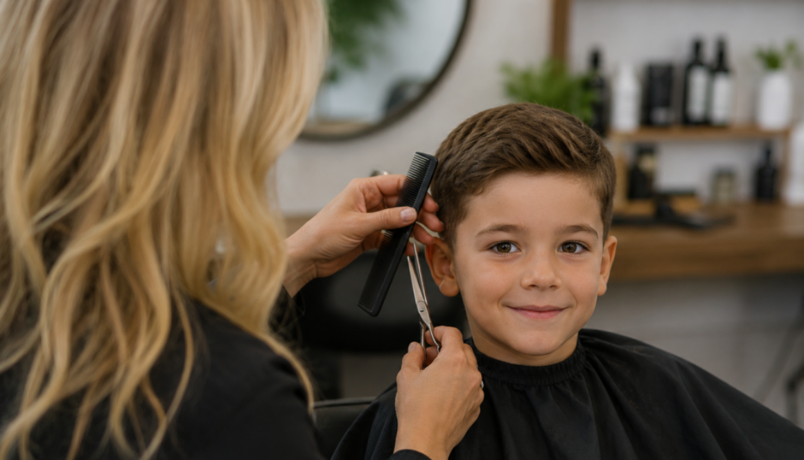 Child in salon chair with hair stylist