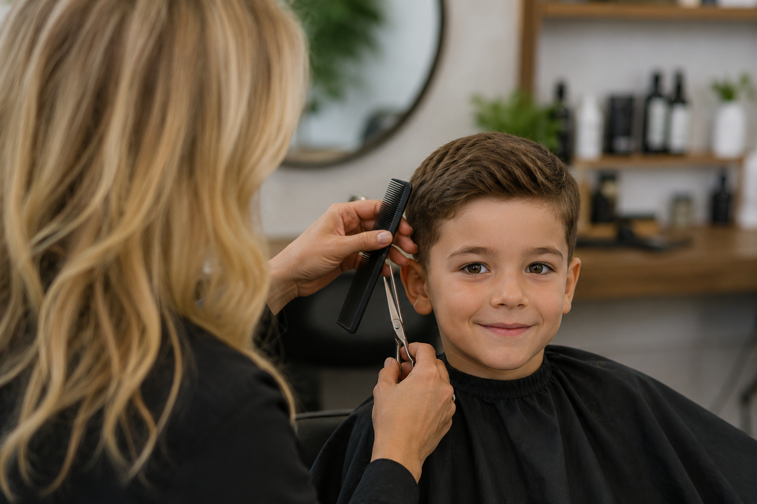 Child in salon chair with hair stylist